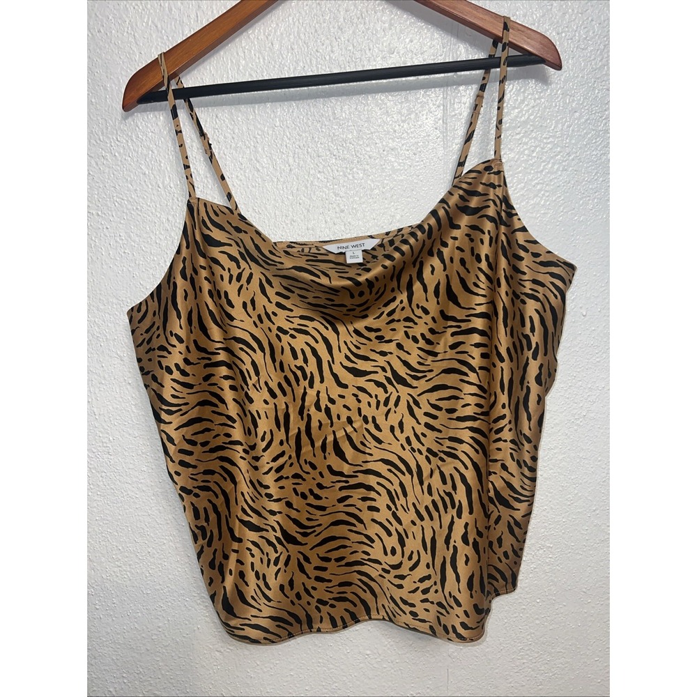 Nine West Y2K Satin Cami Animal Print Women's Large Black Bronze NWT